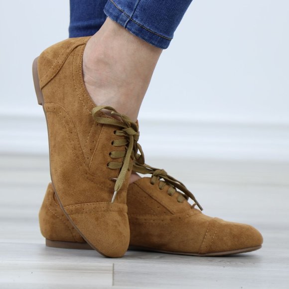 Tan Faux Suede Lace up Flat Heel Oxford Style Shoes - Picture 6 of 12